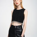 Cropped Rhinestone-embellished Metallic Thread Cotton-blend Tweed Top