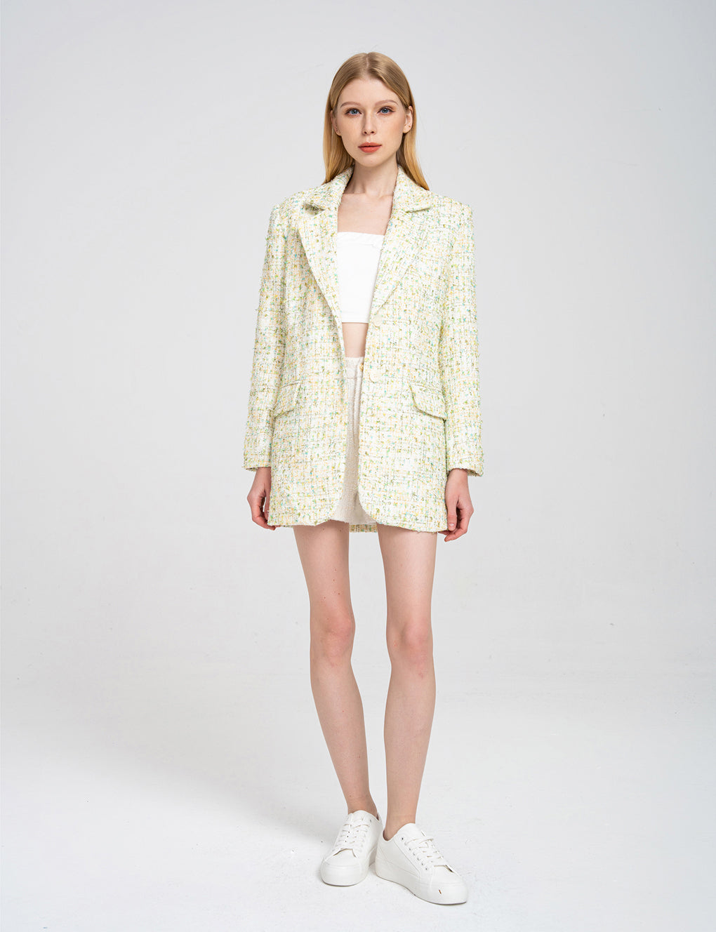 Notched Lapel Cotton-blend Tweed Jacket
