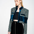 Houndstooth Cropped Wool-blend Tweed and Velvet Spliced Jacket