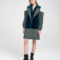 Notched Lapel Houndstooth Tweed and Velvet Spliced Wool-blend Vest Coat