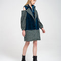 Notched Lapel Houndstooth Tweed and Velvet Spliced Wool-blend Vest Coat