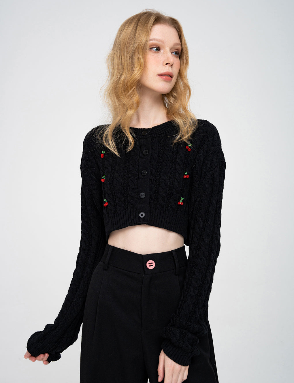 Cropped Cherry-embellished Cable-knit Wool-blend Cardigan