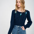 Cropped Floral-embroided Cable-knit Wool-blend Sweater