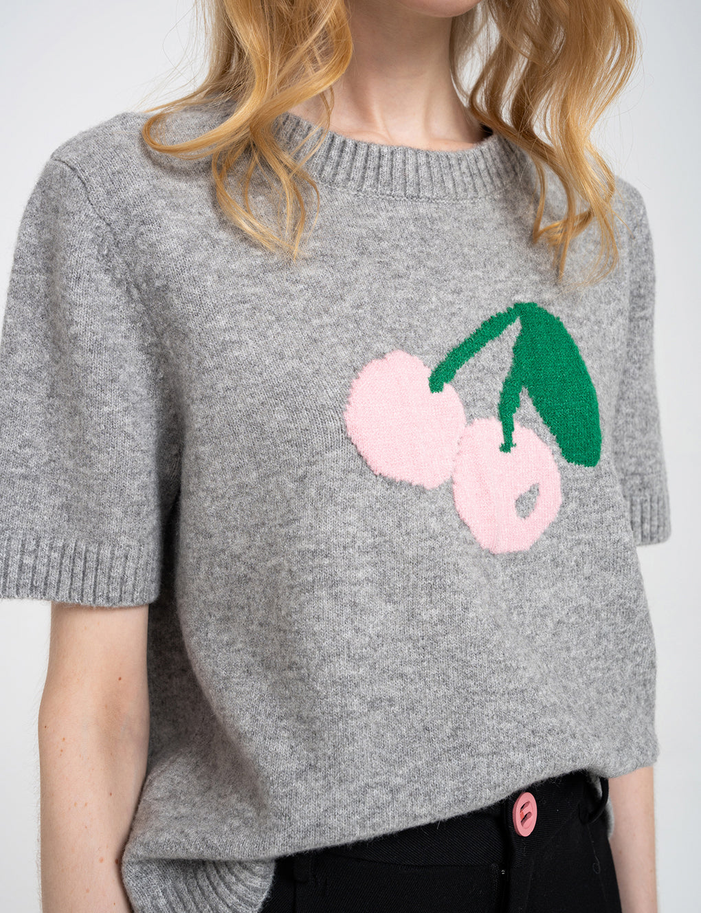 Cherry-embroidered Ribbed Edge Wool-blend Knitted Jumper