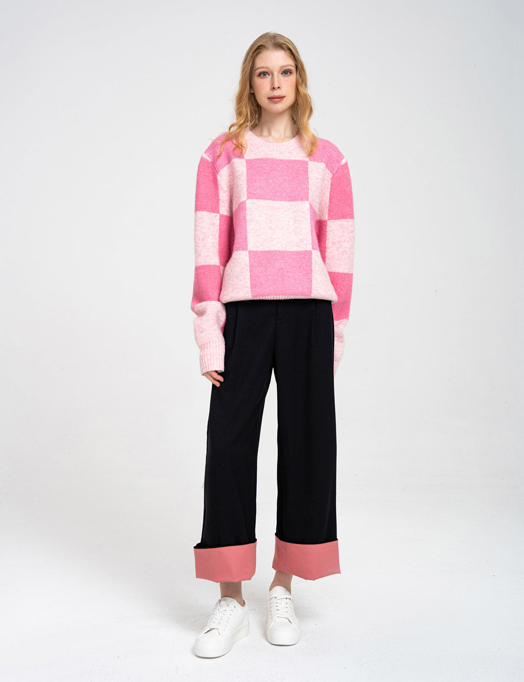 Two-color Block Stretch Wool-blend Pullover Jumper