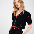 Cropped Embroidery Design Cable-knit Trimmed Cardigan