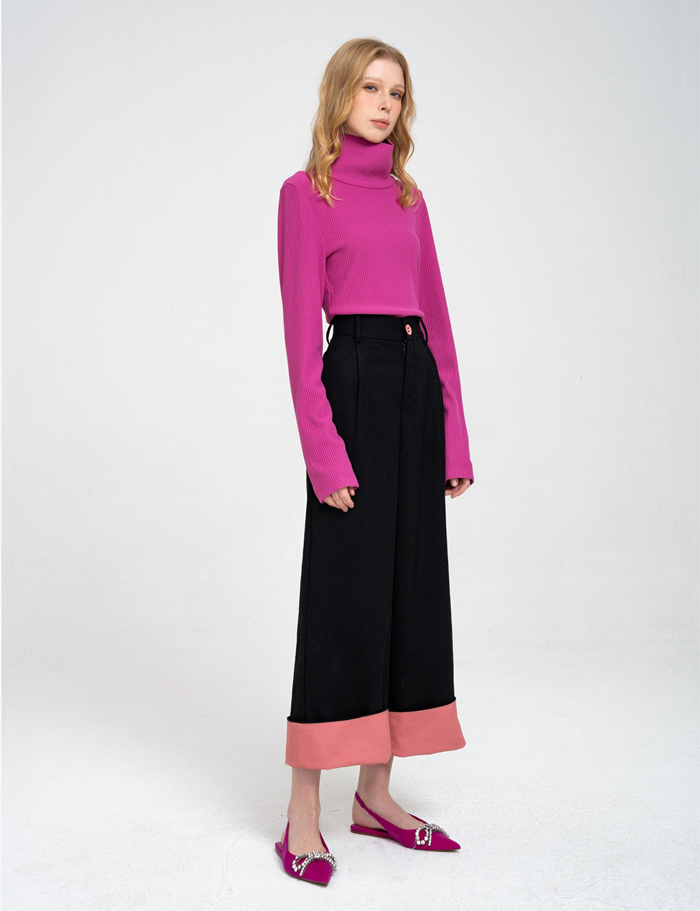 Turn-up Wide-leg High-rise Suit Trousers