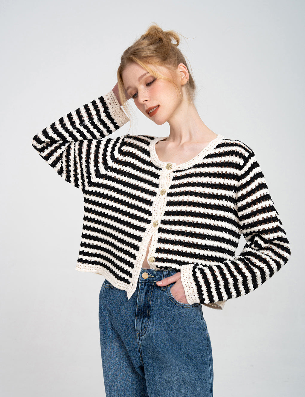 Striped Cut-outs Design Cable Knit Cardigan