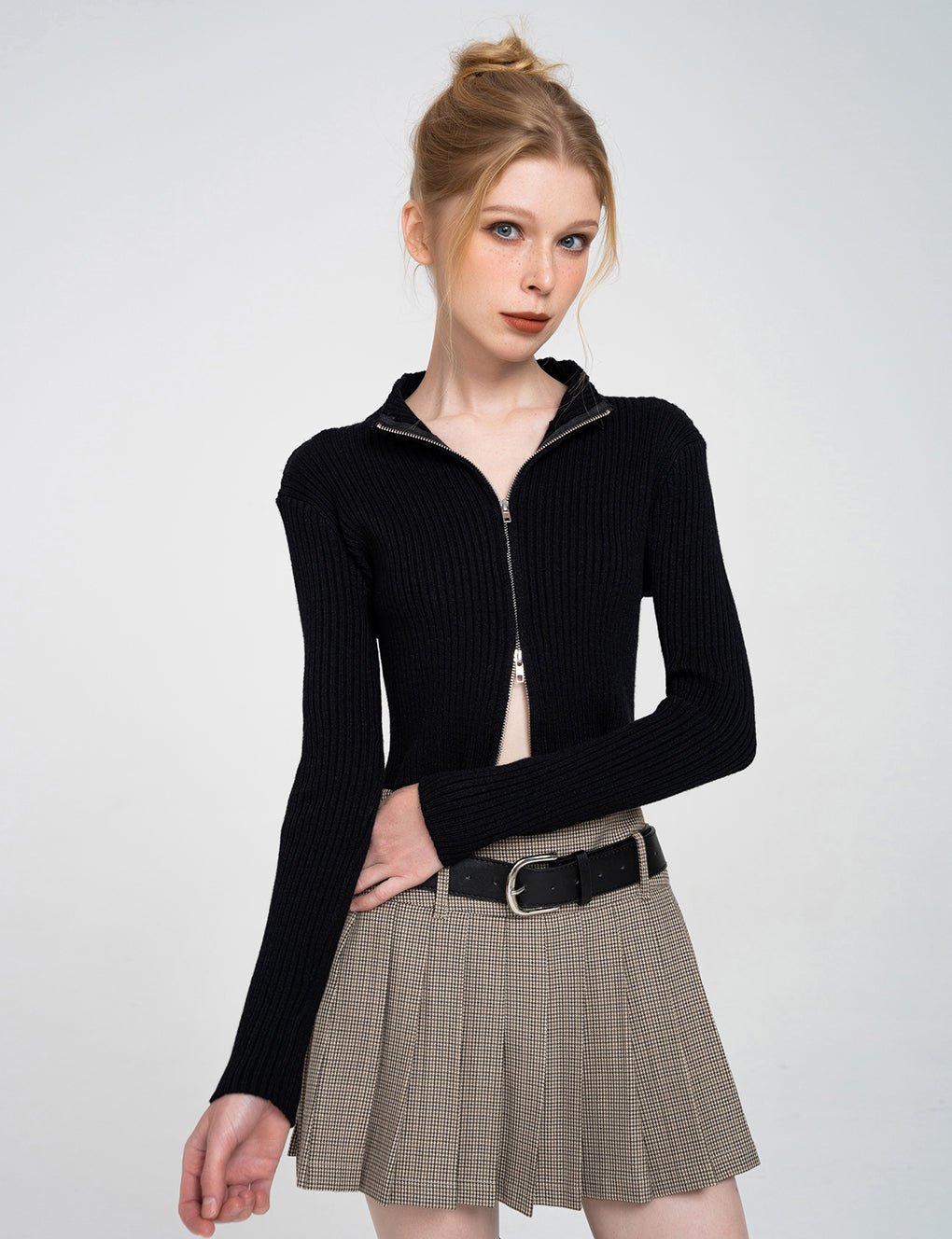 Cropped Ribbed Two-Way Zip-Trimmed Knit Cardigan