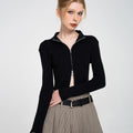Cropped Ribbed Two-Way Zip-Trimmed Knit Cardigan