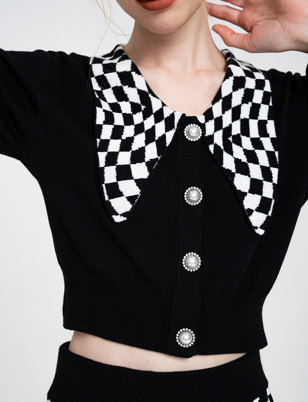Cropped Twisted Checked Wool-blend Knitted Cardigan