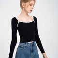 Trimmed Square Neck Stretch-knit Sweater