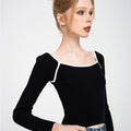 Trimmed Square Neck Stretch-knit Sweater
