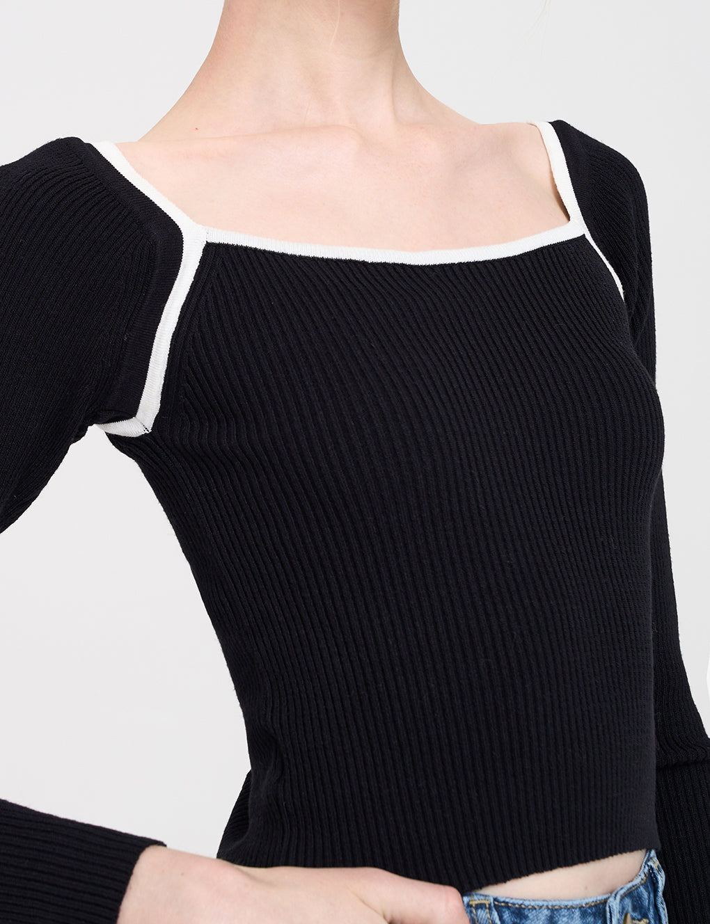 Trimmed Square Neck Stretch-knit Sweater
