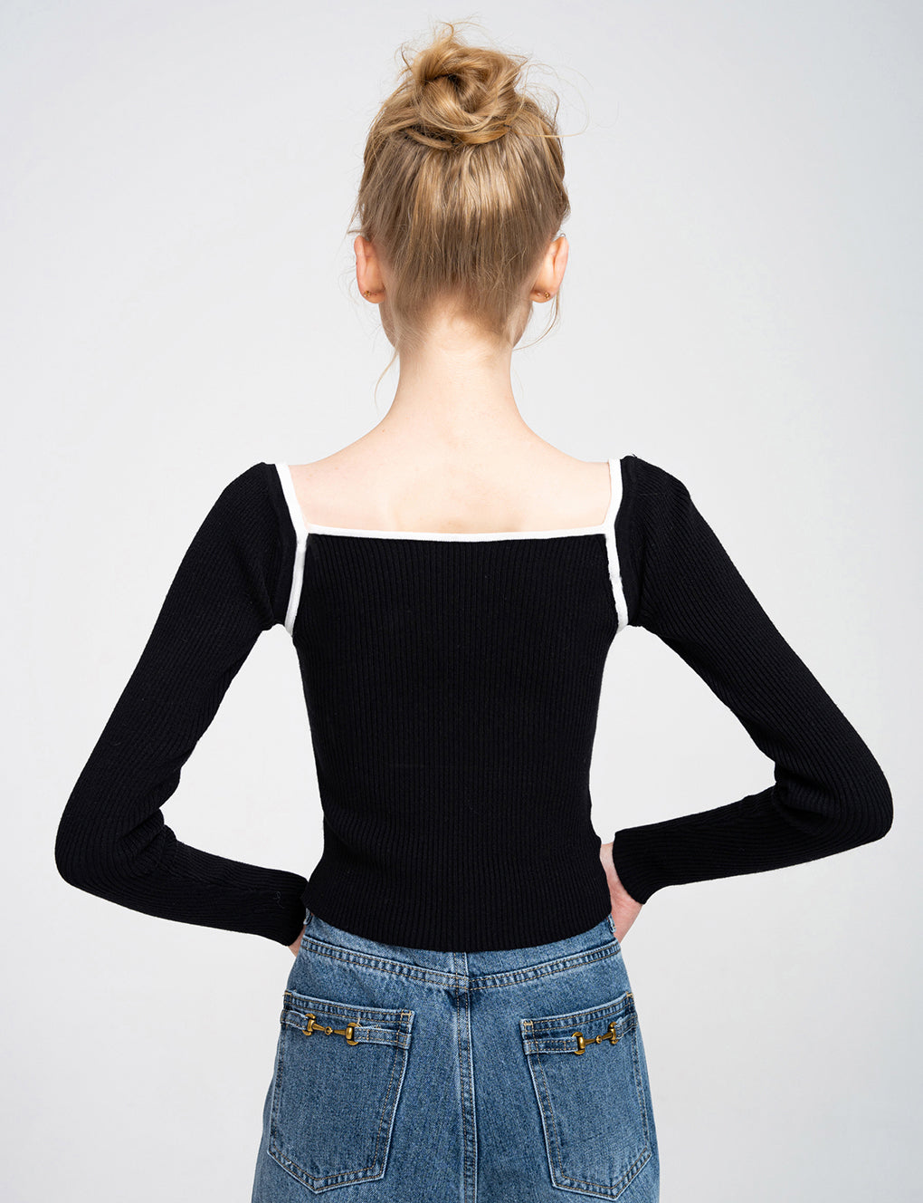 Trimmed Square Neck Stretch-knit Sweater