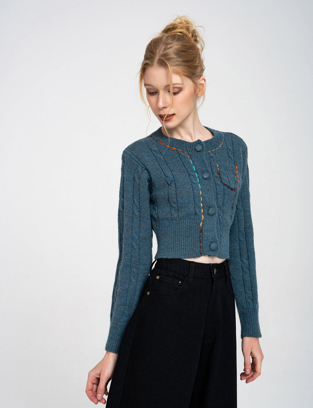 Cropped Coloured-thread Cable-knit Cardigan