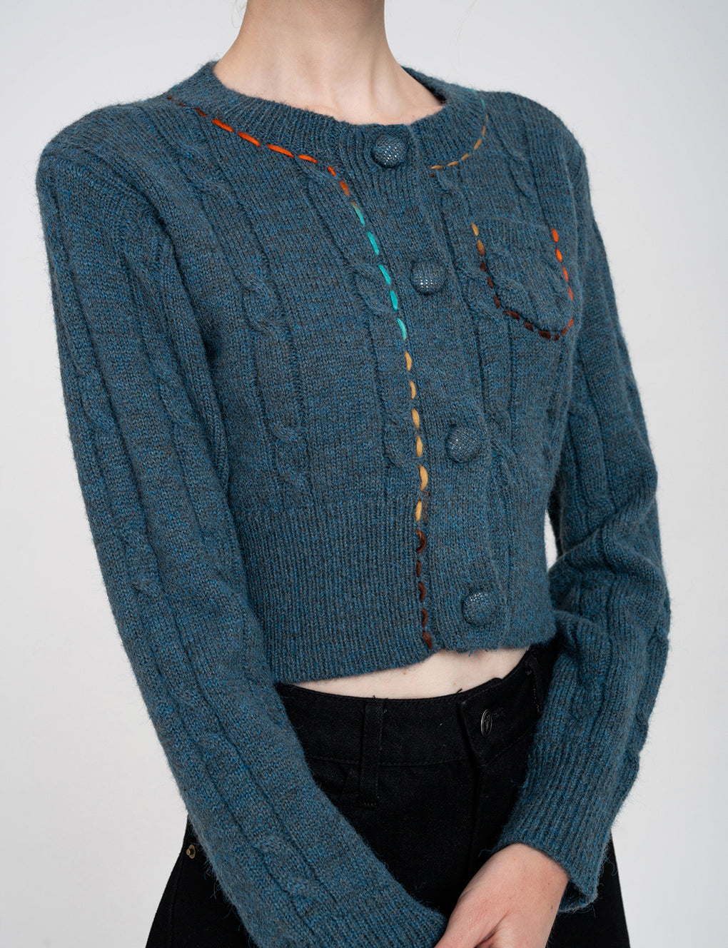 Cropped Coloured-thread Cable-knit Cardigan
