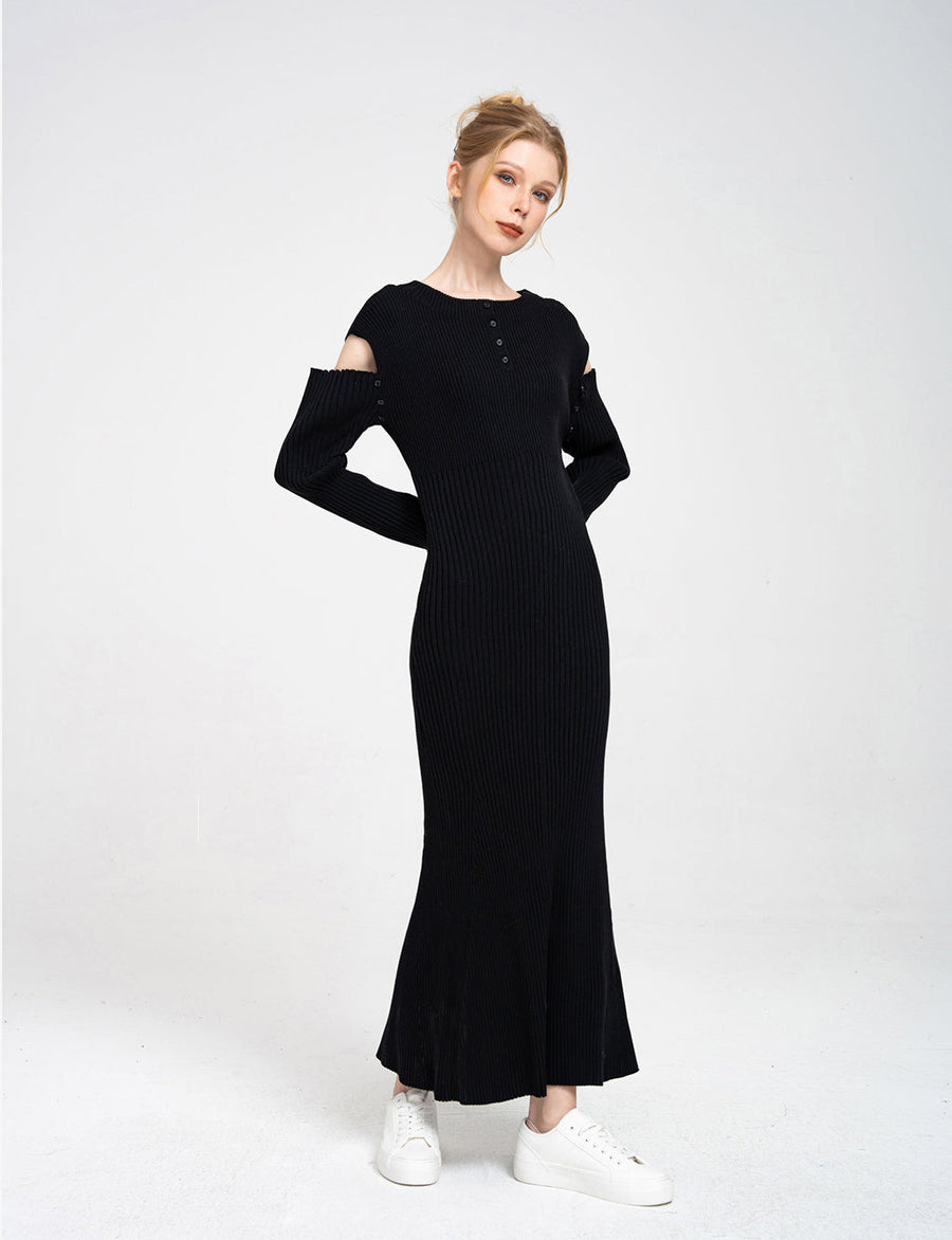 Detachable-sleeves Ribbed-knit Cotton-blend Midi Dress