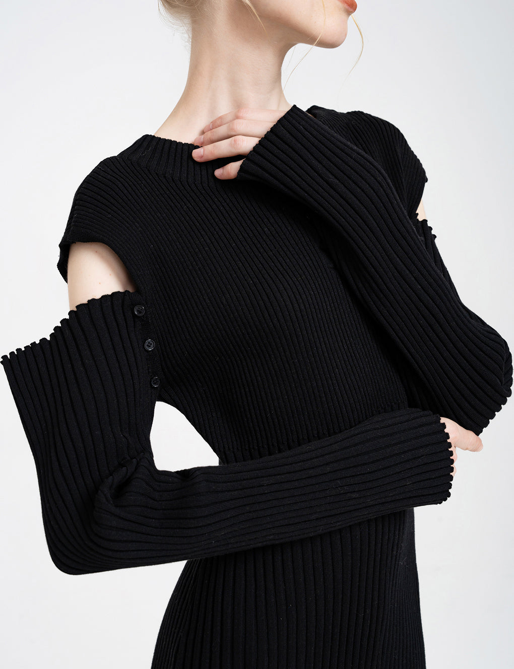 Detachable-sleeves Ribbed-knit Cotton-blend Midi Dress
