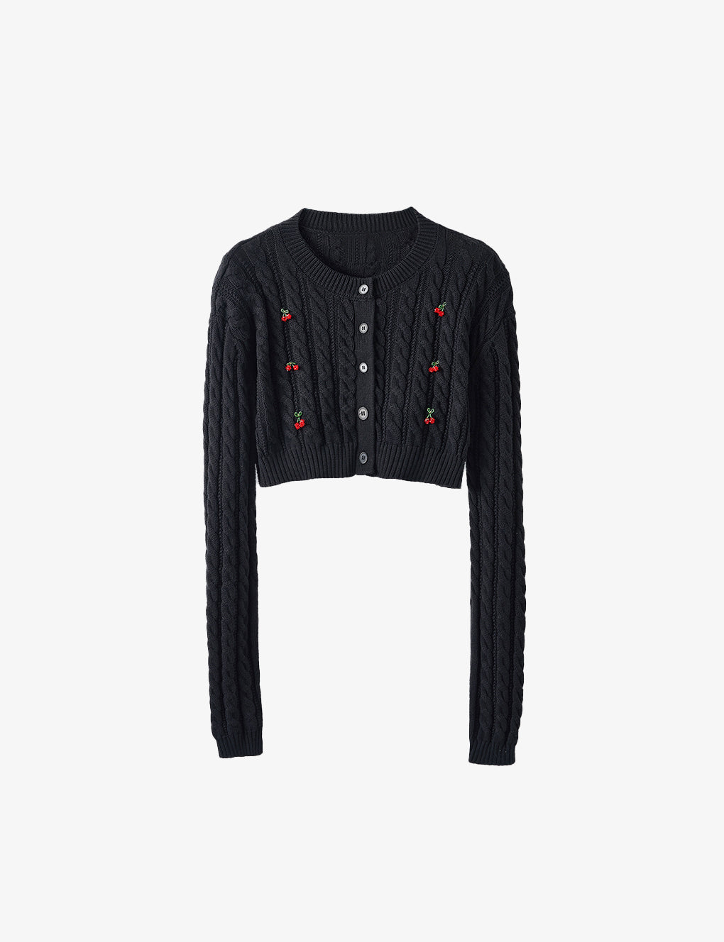 Cropped Cherry-embellished Cable-knit Wool-blend Cardigan