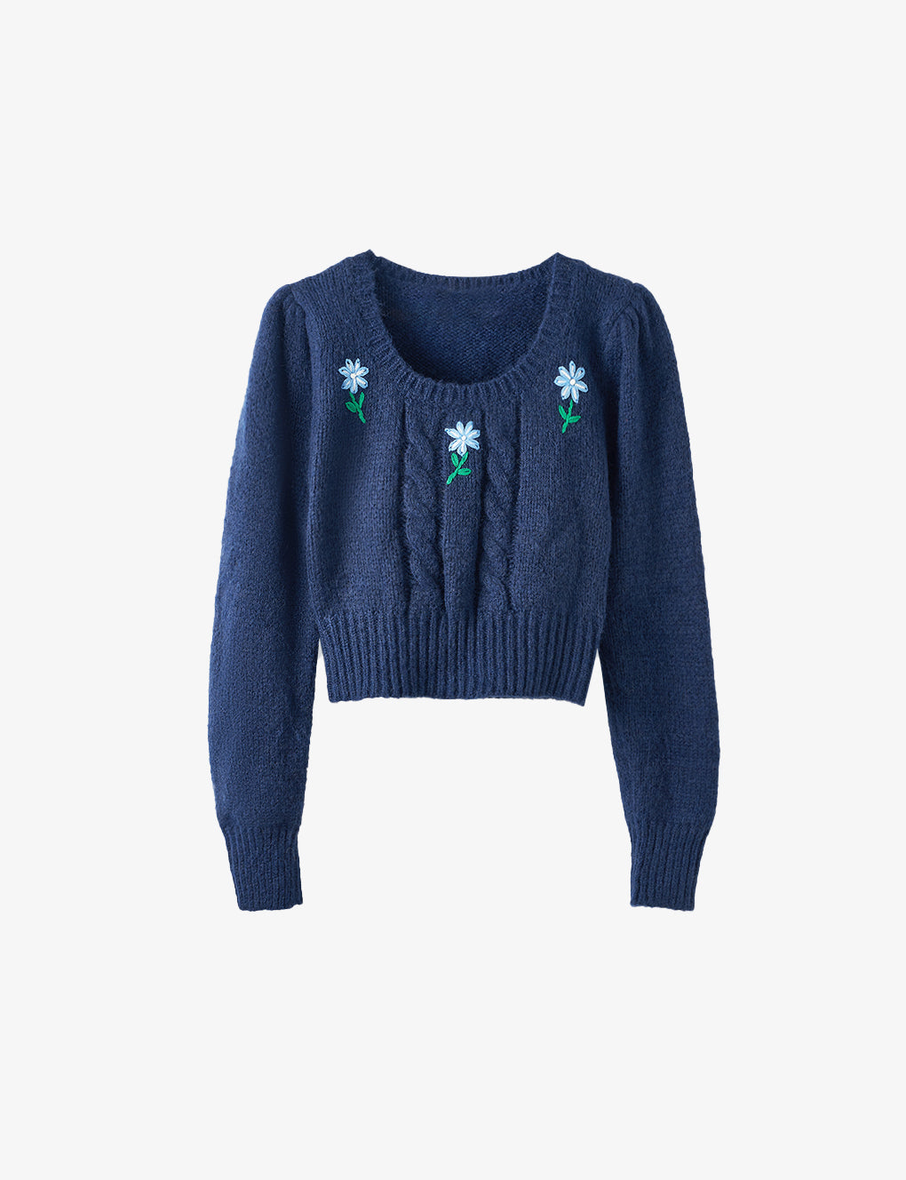 Cropped Floral-embroided Cable-knit Wool-blend Sweater