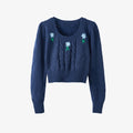 Cropped Floral-embroided Cable-knit Wool-blend Sweater