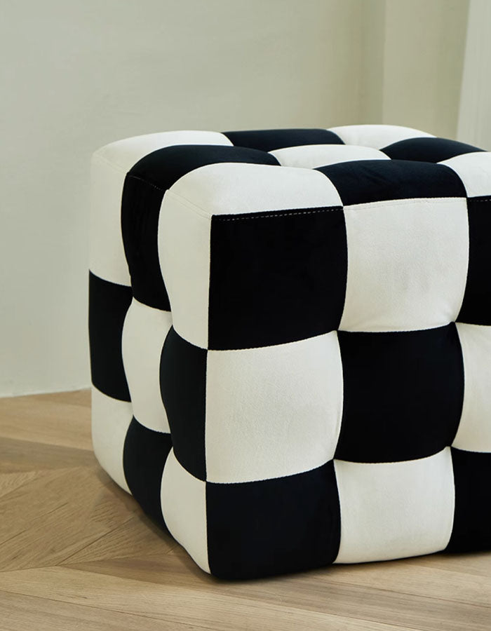 Black And White Grid Footstool, Velvet