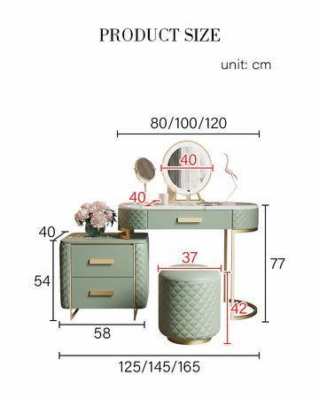 Chloe green dressing table with LED mirror for a bedroom or dressing room