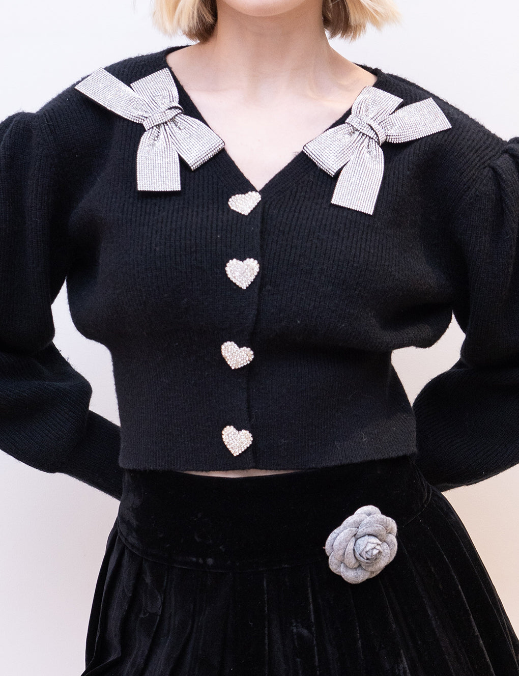 Cropped Bow-embellished Dropped Shoulder Heart-design Button-embellished Cardigan