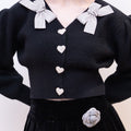 Cropped Bow-embellished Dropped Shoulder Heart-design Button-embellished Cardigan