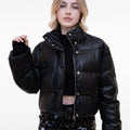 Black Leather Cotton-Filled Puffer Jacket