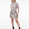 Sliver Metallic Flower-embellished Grey Puff-Sleeves Mohair Wool-blend Top