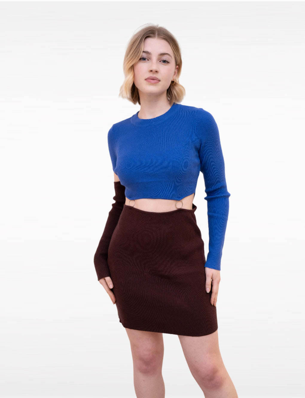 Blue-Brown Patchwork Cutout Two-tone Ribbed-knit Mini Dress