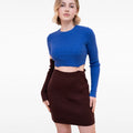 Blue-Brown Patchwork Cutout Two-tone Ribbed-knit Mini Dress