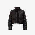 Black Leather Cotton-Filled Puffer Jacket