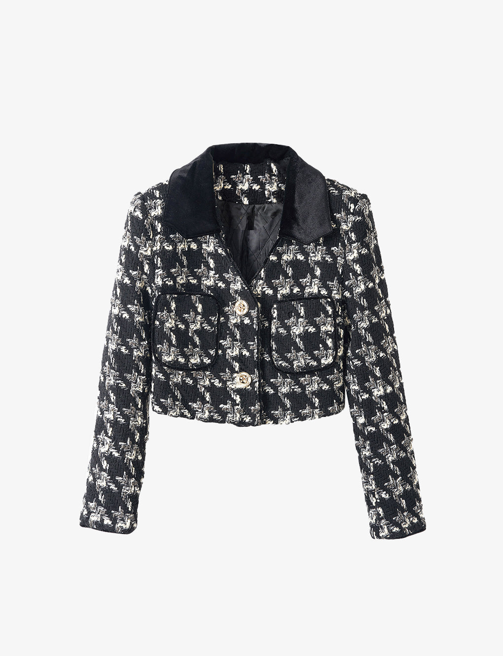 Houndstooth Velvet Lapel Wool-blend Tweed Jacket
