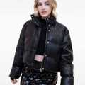 Black Leather Cotton-Filled Puffer Jacket