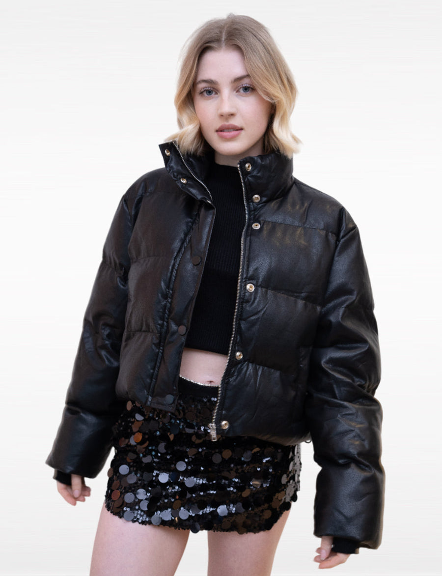Black Leather Cotton-Filled Puffer Jacket