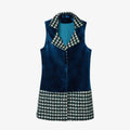Notched Lapel Houndstooth Tweed and Velvet Spliced Wool-blend Vest Coat