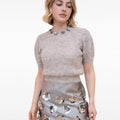 Sliver Metallic Flower-embellished Grey Puff-Sleeves Mohair Wool-blend Top