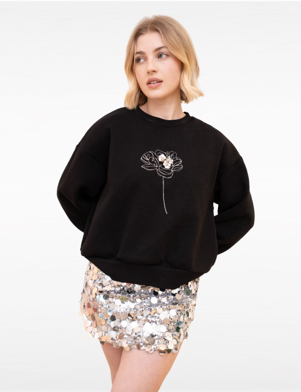 Sliver Metallic Flower-embroidered Wool-blend Pullover Sweatshirt