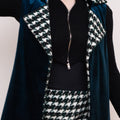Notched Lapel Houndstooth Tweed and Velvet Spliced Wool-blend Vest Coat