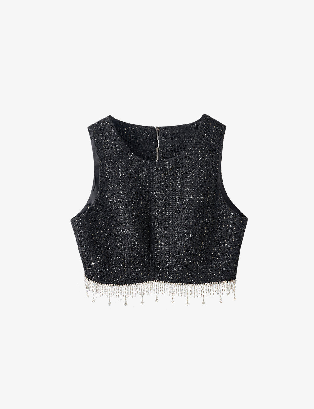 Cropped Rhinestone-embellished Metallic Thread Cotton-blend Tweed Top