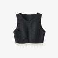 Cropped Rhinestone-embellished Metallic Thread Cotton-blend Tweed Top