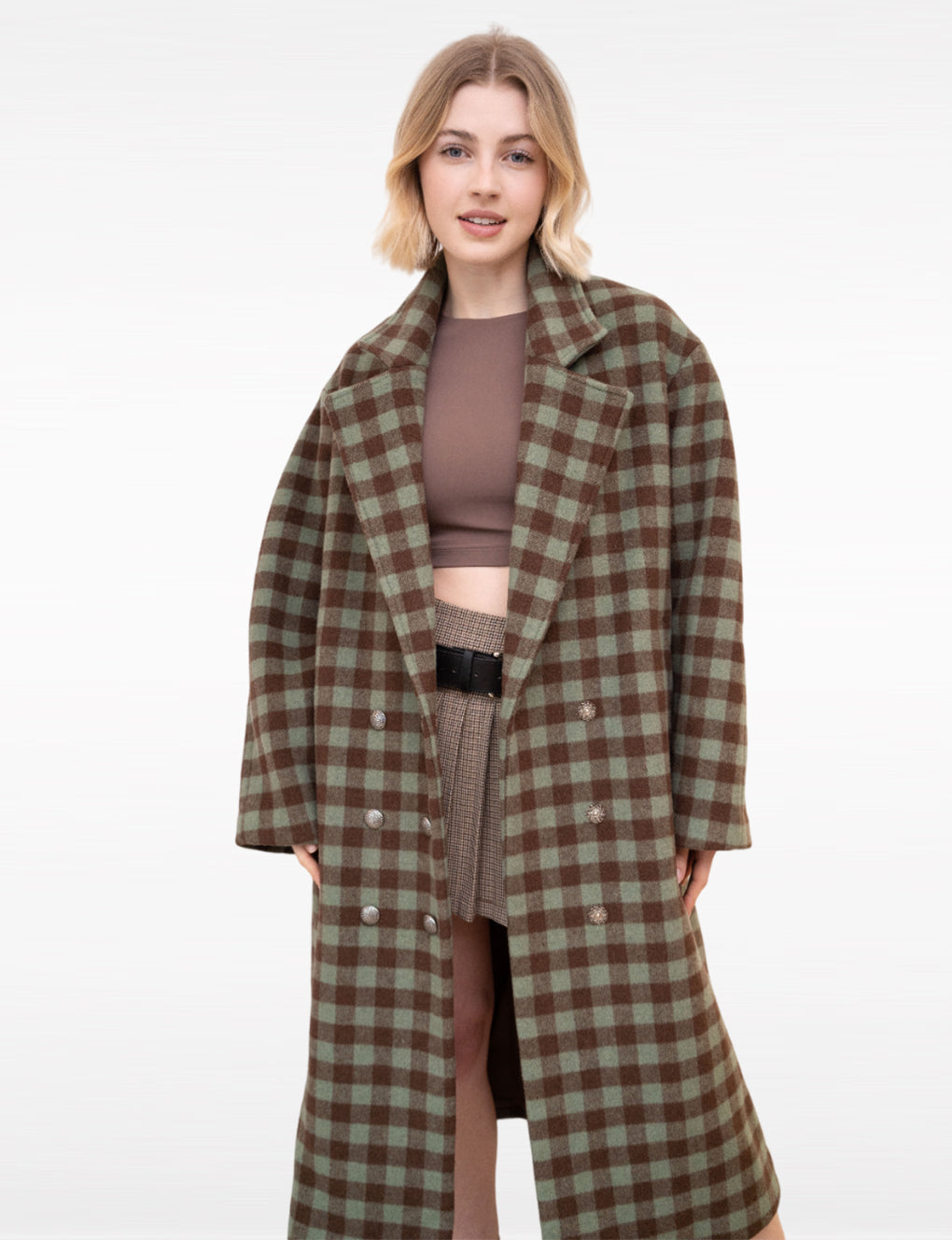 Leisure Plaid Pattern Double-breasted Wool-blend Overcoat