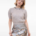 Sliver Metallic Flower-embellished Grey Puff-Sleeves Mohair Wool-blend Top