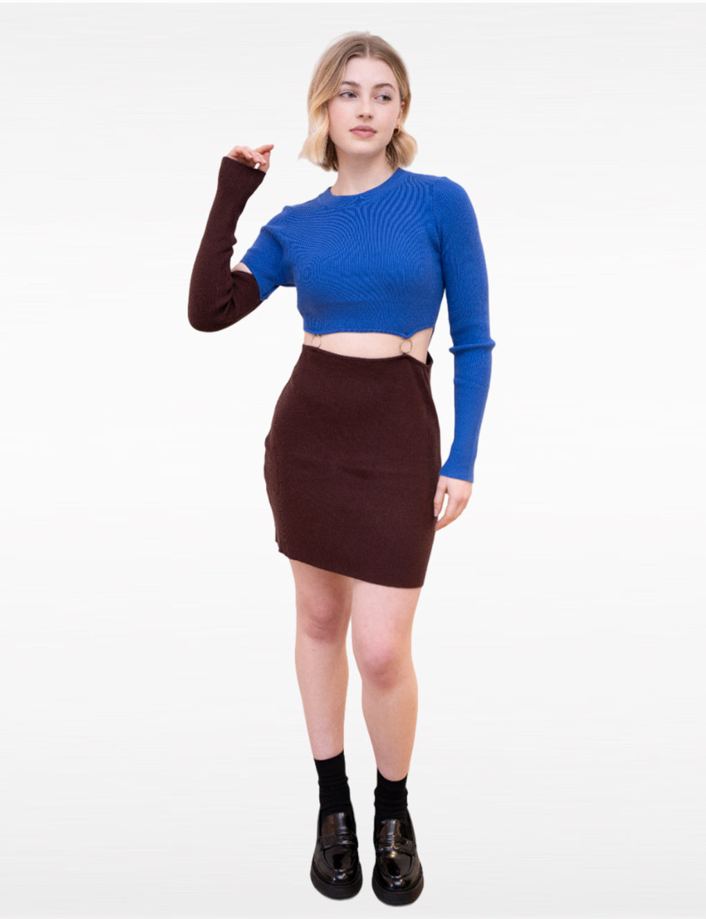 Blue-Brown Patchwork Cutout Two-tone Ribbed-knit Mini Dress