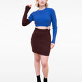 Blue-Brown Patchwork Cutout Two-tone Ribbed-knit Mini Dress