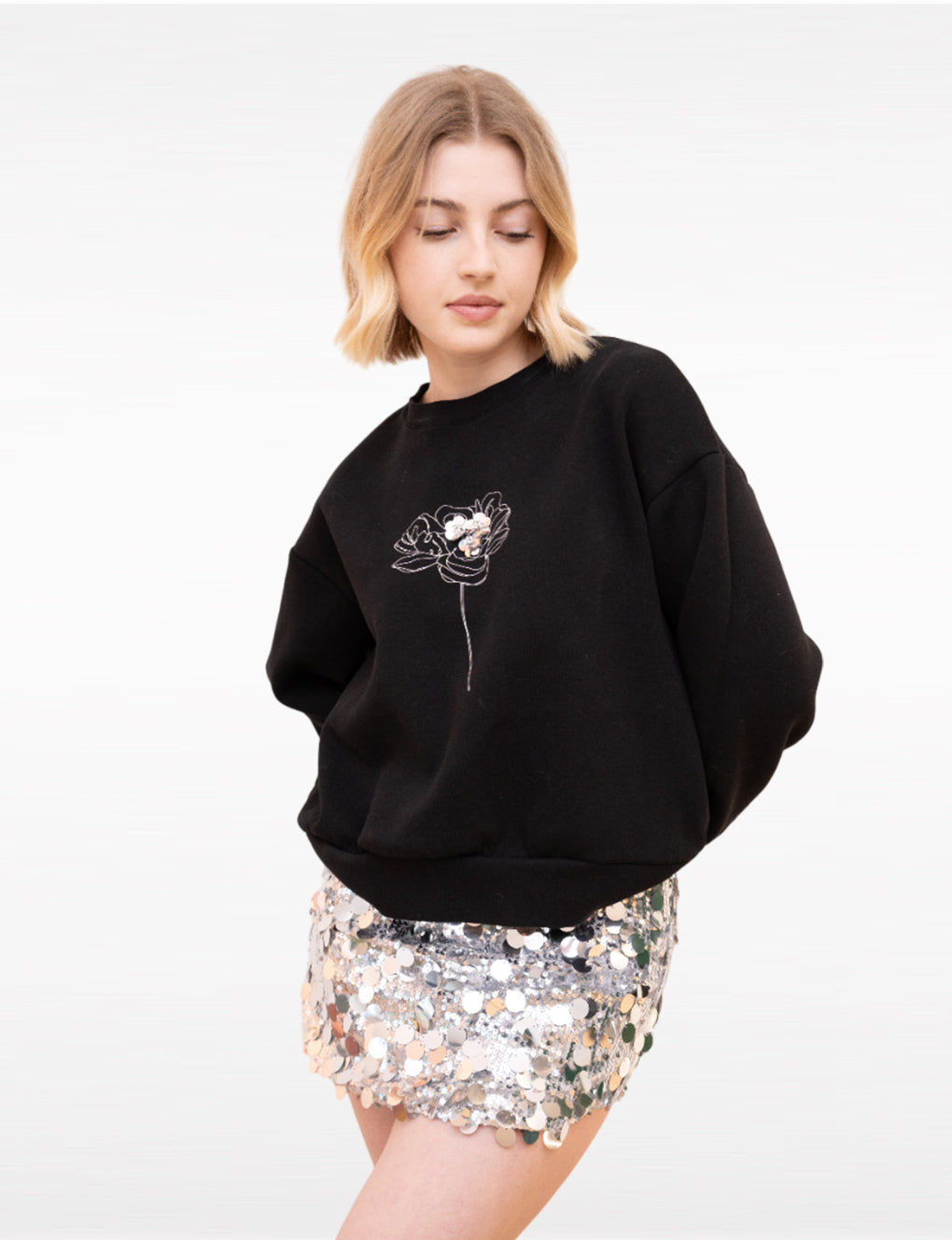 Sliver Metallic Flower-embroidered Wool-blend Pullover Sweatshirt