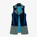 Notched Lapel Houndstooth Tweed and Velvet Spliced Wool-blend Vest Coat